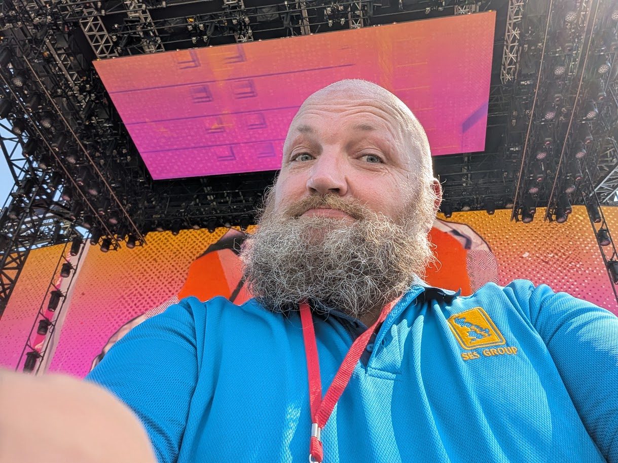 Large live event stage during security work